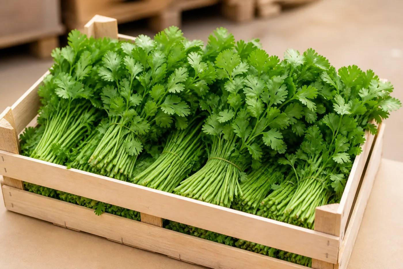Fresh coriander bunches in bulk wholesale crates