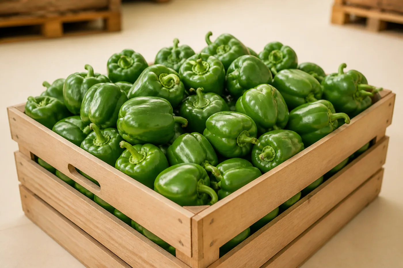 Green bell peppers in bulk wholesale crates