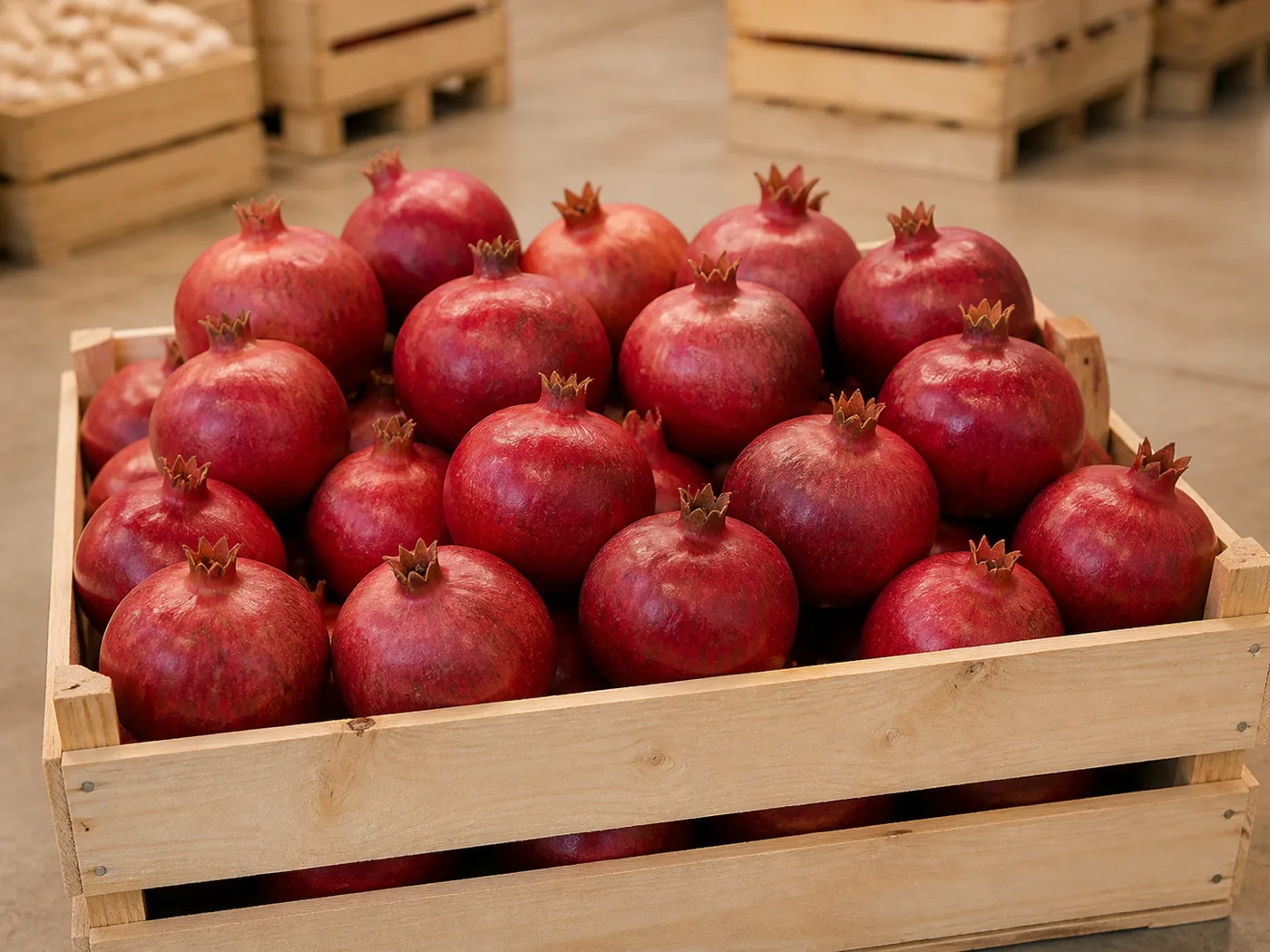Deep-red pomegranates in a bulk wholesale crate