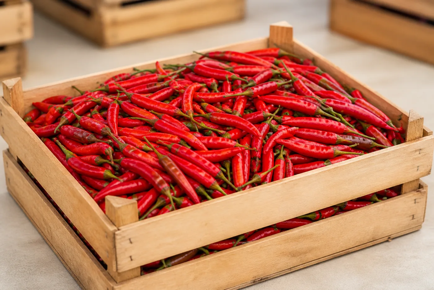 Fresh red Thai chilies in bulk wholesale crates